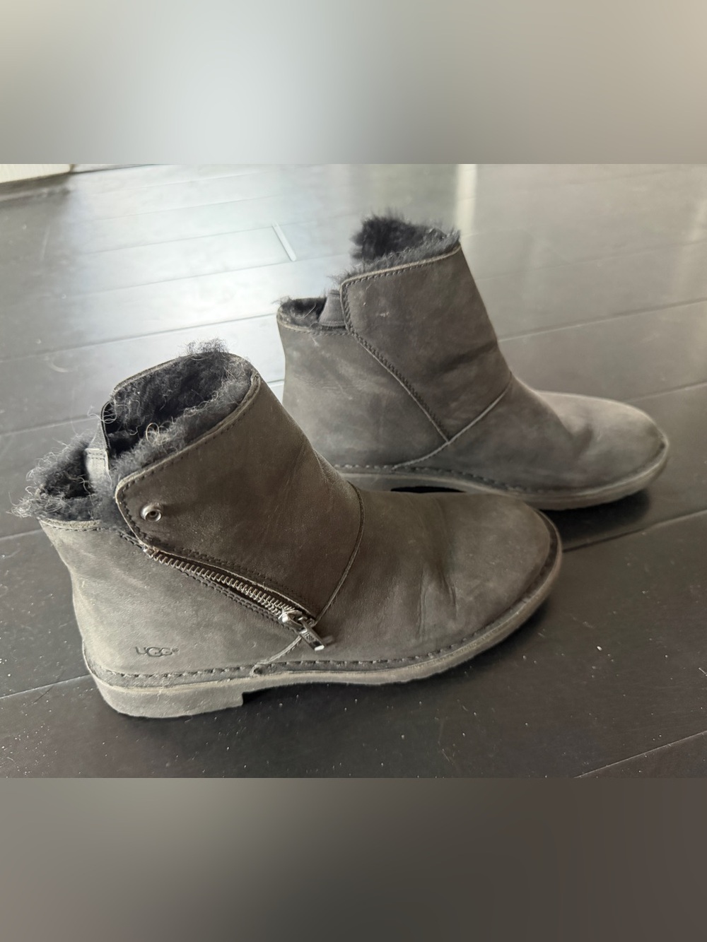 UGG Women's Gray Suede Shearling Ankle Zip Booties